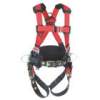 A full-body harness distributes the forces throughout the body, and the shock-absorbing lanyard decreases the total fall arresting forces.
