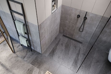 A shower with a shower headDescription automatically generated